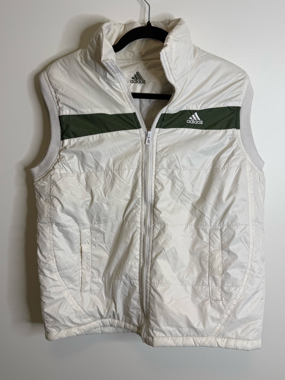 adidas Cream Puffer Vest with Green Chest Stripe reversible